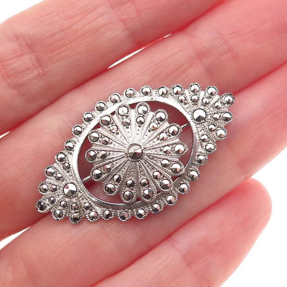 925 Sterling Silver Antique Art Deco Real Marcasite Floral Pin Brooch